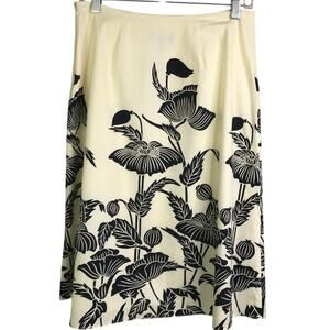 J. McLaughlin A-Line Skirt Womens Sz 8 Cream Black Floral Fully Lined Side Zip